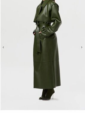 naked wardrobe Olive Green Faux-Leather Long Trench Coat with Belt